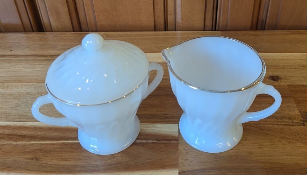 Vintage White Milk Glass Creamer & Lidded Sugar Bowl Set Footed Gold Trim